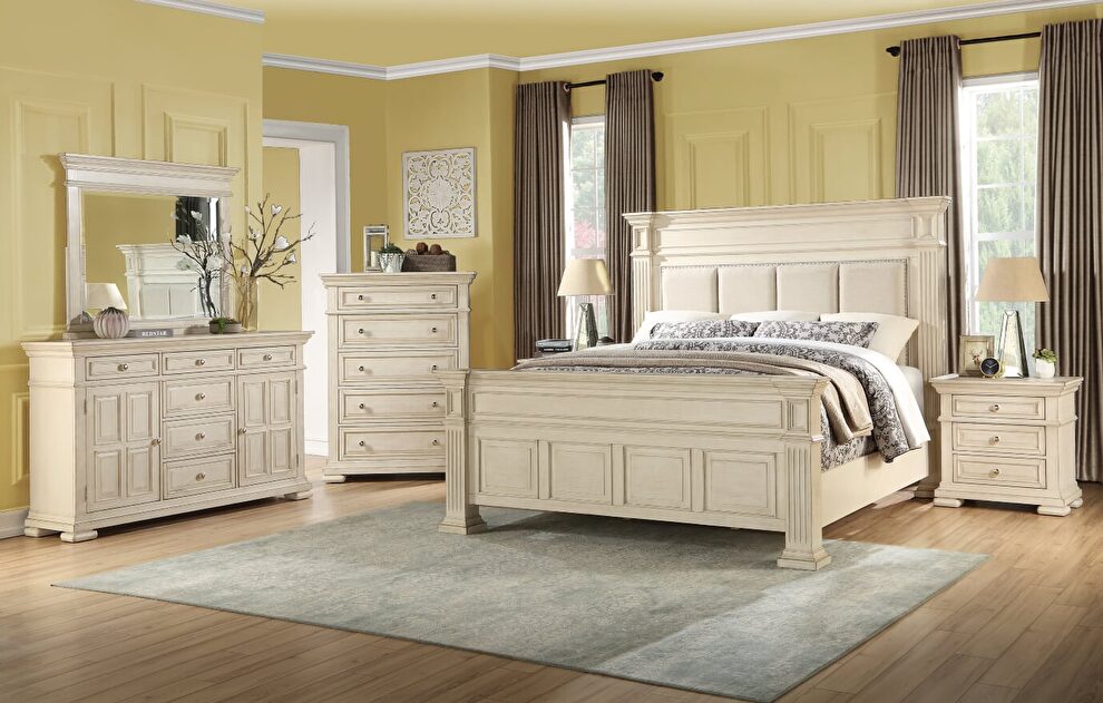 Transitional style king bed in off-white finish wood by Cosmos