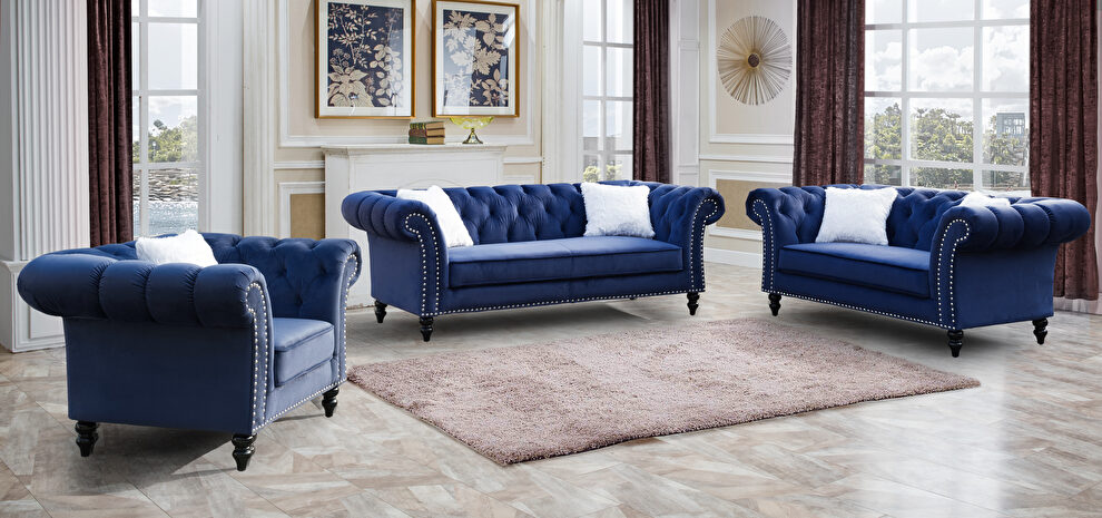 Transitional style navy blue sofa with espresso finish wooden legs by Cosmos