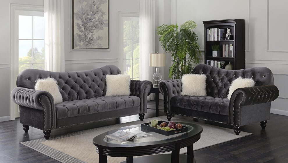 Transitional style gray sofa with espresso finish wooden legs by Cosmos