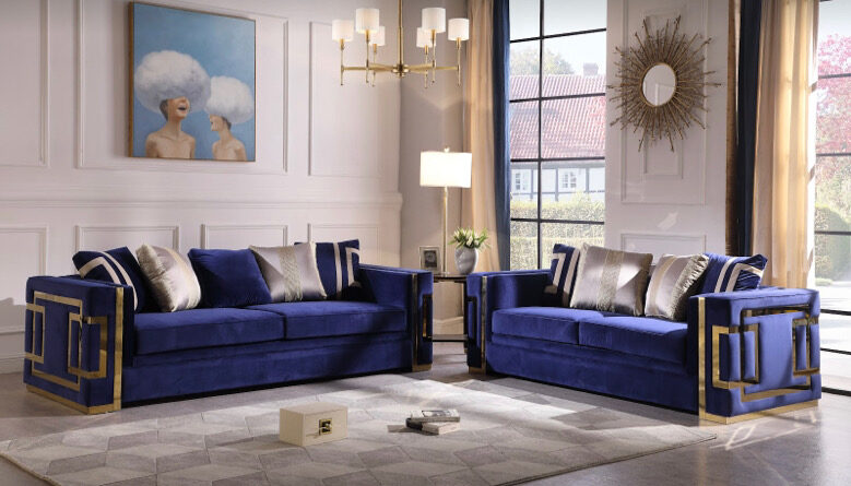Transitional style navy blue sofa with gold finish by Cosmos