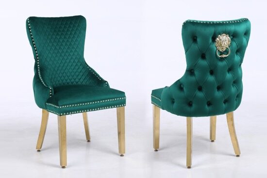 Pair of contemporary velvet tufted dining chairs w/ gold legs by Cosmos