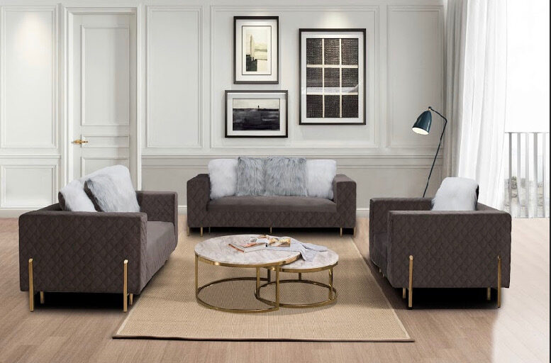 Transitional style gray sofa with brass finish by Cosmos