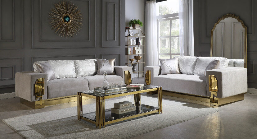 Transitional style light gray sofa with gold finish by Cosmos