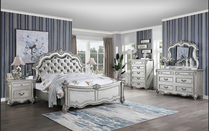 Transitional style queen bed in silver finish wood by Cosmos