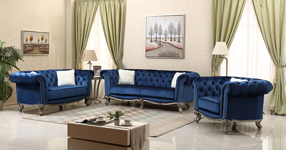 Transitional style navy sofa with silver finish by Cosmos