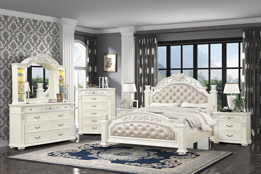Stylish glam / casual tufted headboard king white bed by Cosmos