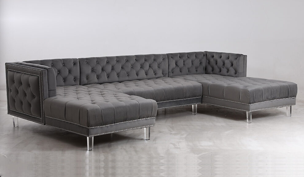 Oversized gray velvet tufted 3pcs sectional by Cosmos