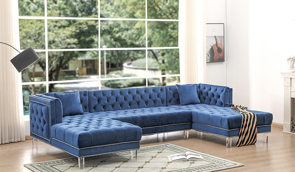 Oversized blue velvet tufted 3pcs sectional by Cosmos
