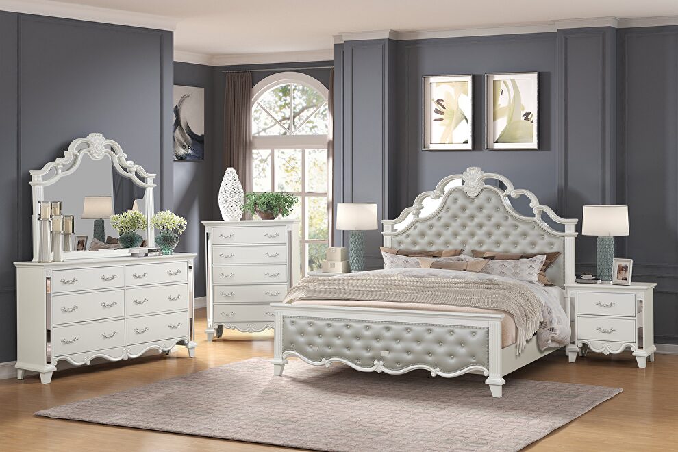Contemporary style queen bed in pearl finish wood by Cosmos
