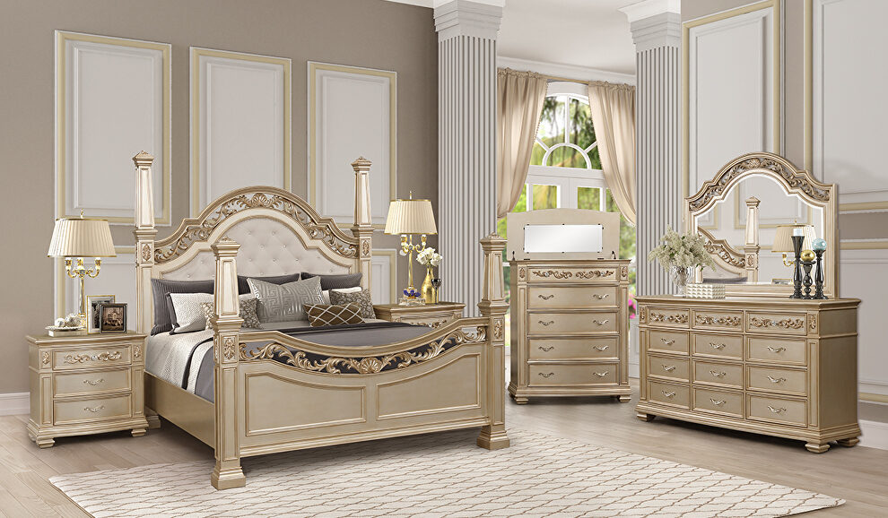 Glam mirrored panels / gold finish king bed by Cosmos