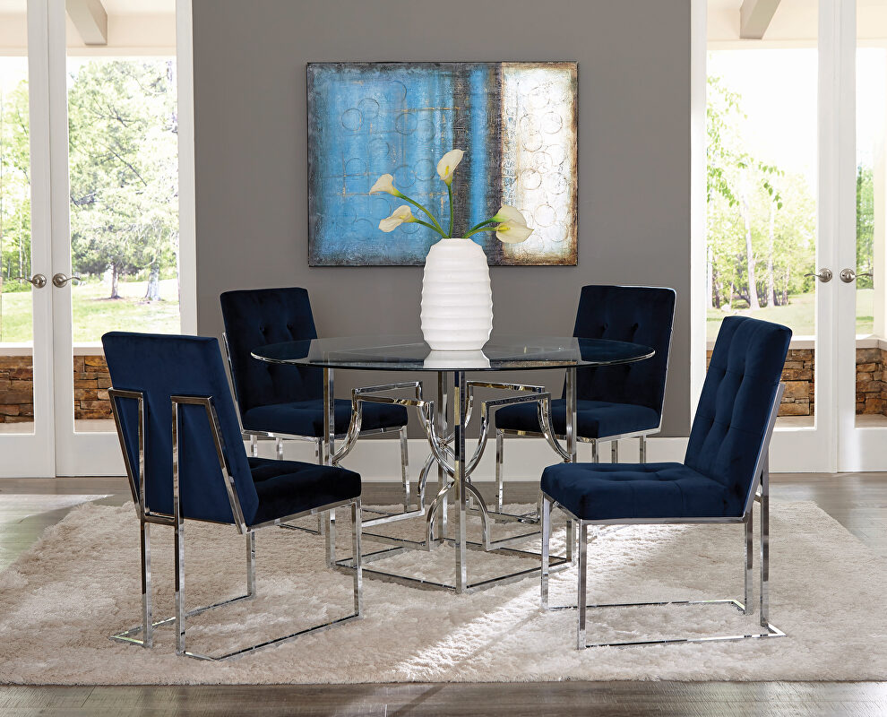 Tempered glass top and stylish patterned base dining table by Coaster