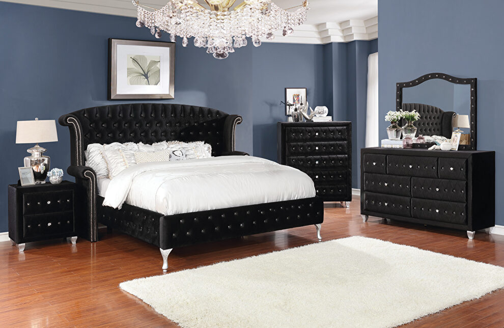 Black velvet with metallic legs king bed by Coaster