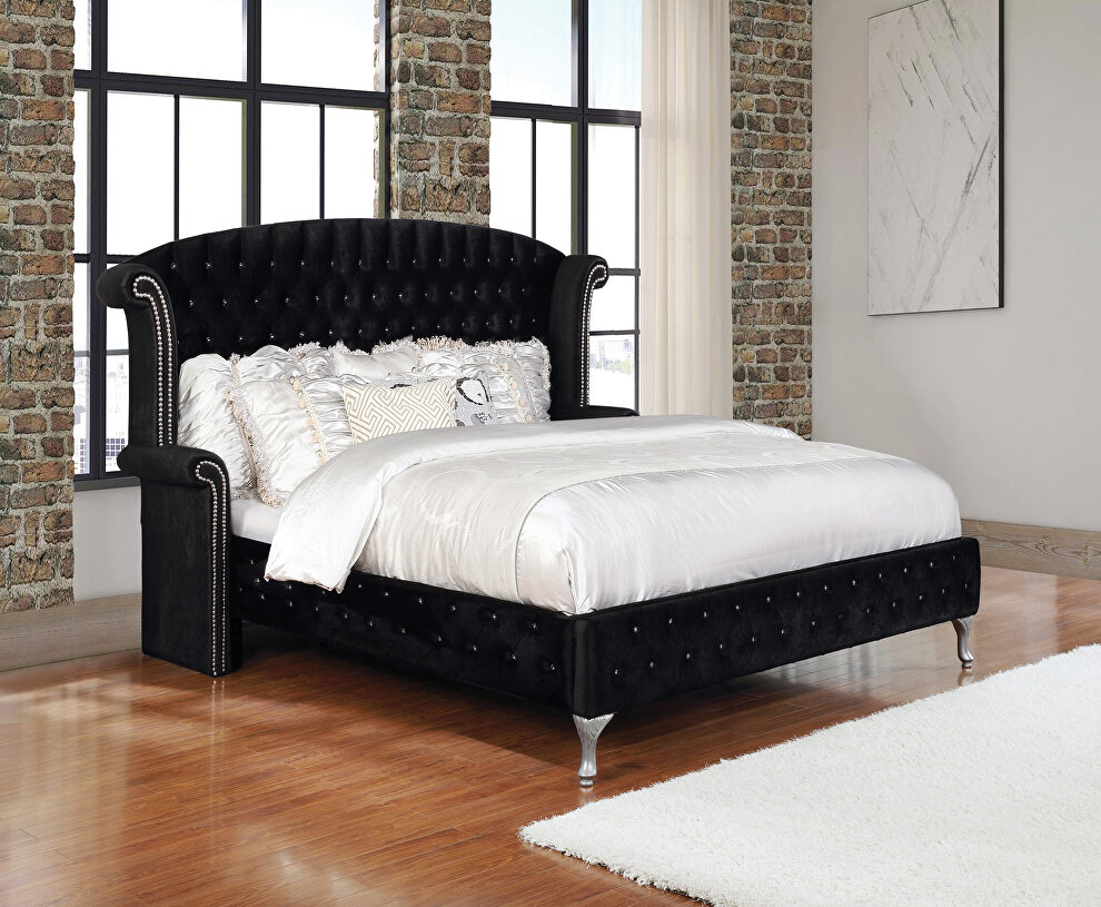 Black velvet with metallic legs queen bed by Coaster
