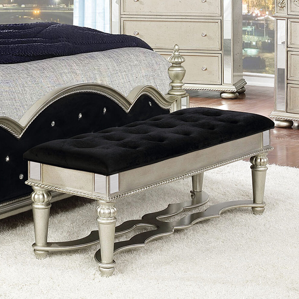 Metallic platinum and black velvet upholstery bench by Coaster
