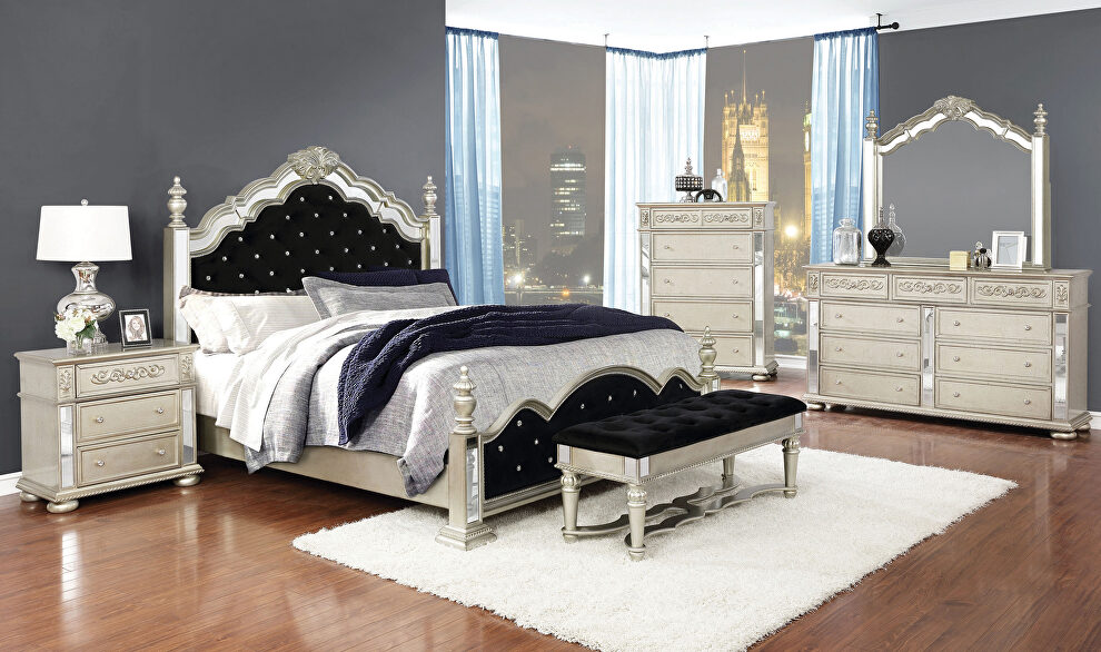 Metallic platinum and black velvet upholstery queen bed by Coaster