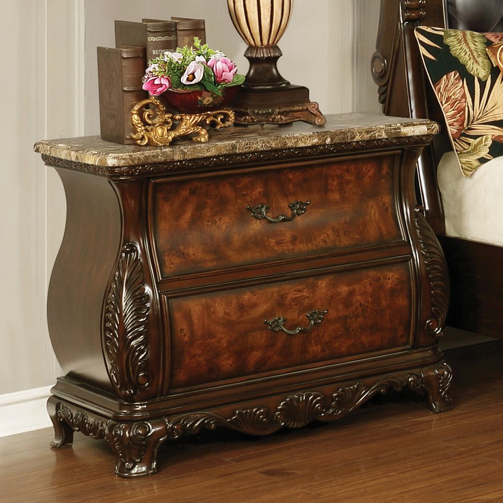 Traditional carved wood / marble top nightstand by Coaster