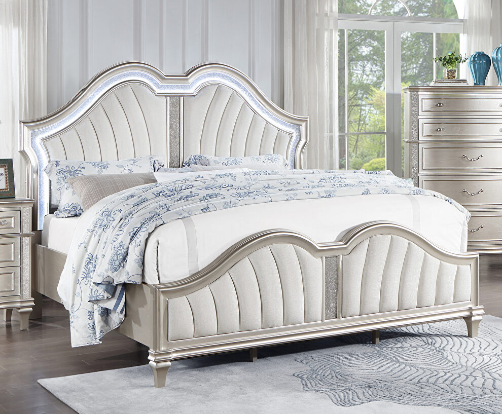 Tufted upholstered platform eastern king bed ivory and silver oak by Coaster
