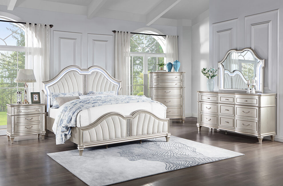 Tufted upholstered platform queen bed ivory and silver oak by Coaster