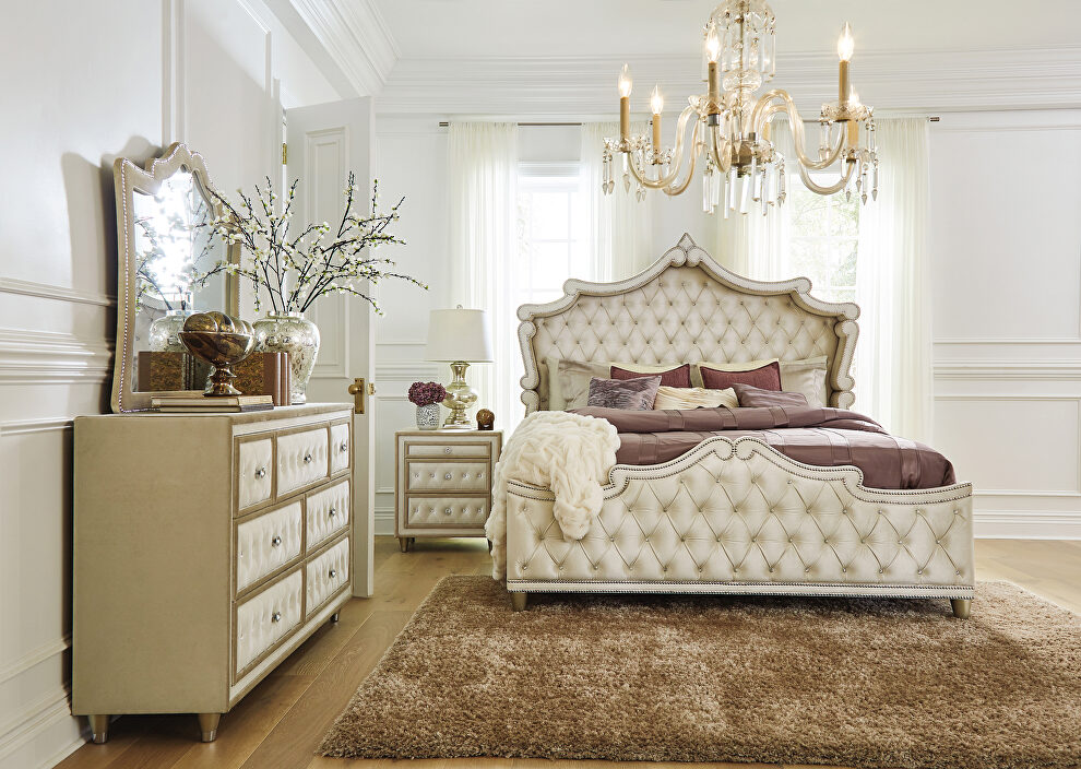 Ivory & camel velvet upholstery queen bed by Coaster