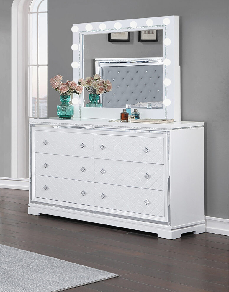 White finish diamond-shaped six-drawer dresser by Coaster