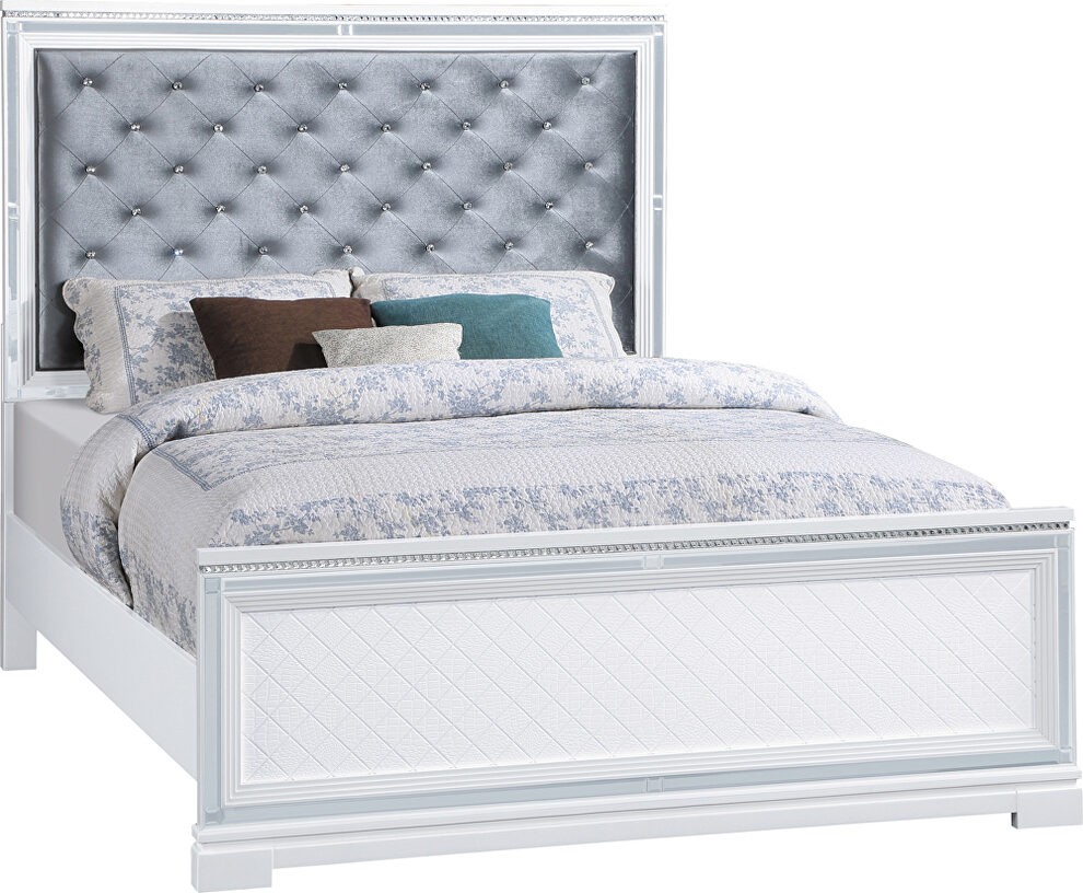 Silver button-tufted padded headboard and white base e king bed by Coaster