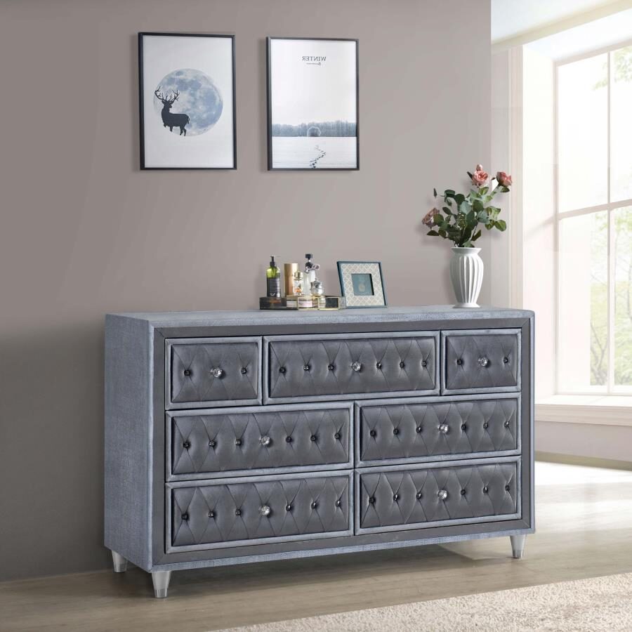 7-drawer upholstered dresser grey by Coaster