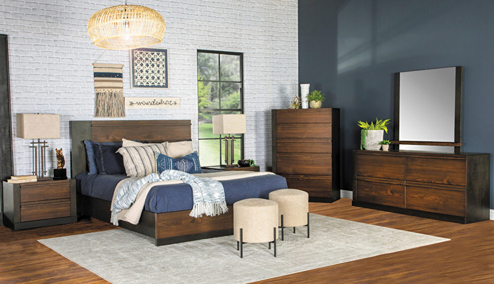 Black/walnut wood finish mid-century style queen bed by Coaster