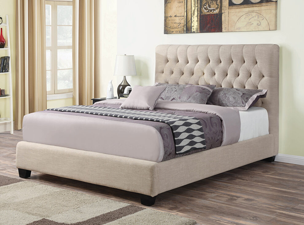 Transitional oatmeal upholstered eastern king bed by Coaster