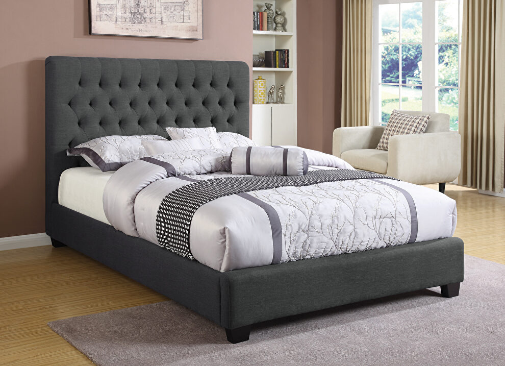 Charcoal upholstered queen bed by Coaster