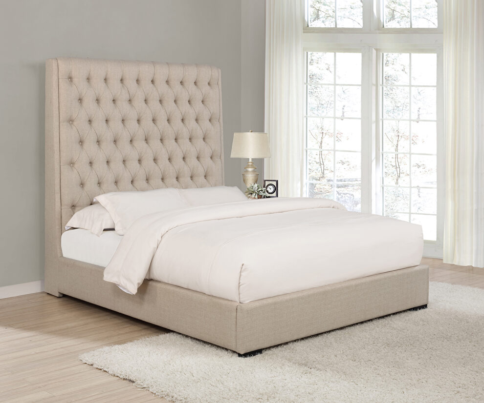 Cream upholstered king bed by Coaster