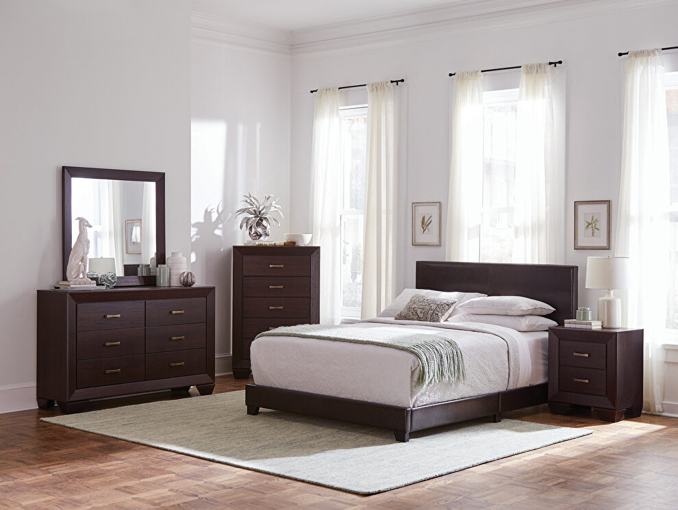 Brown faux leather upholstered queen bed by Coaster
