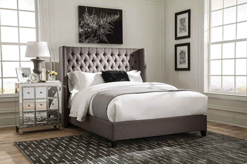 Gray fabric full bed w/ diagonal tufted headboard by Coaster
