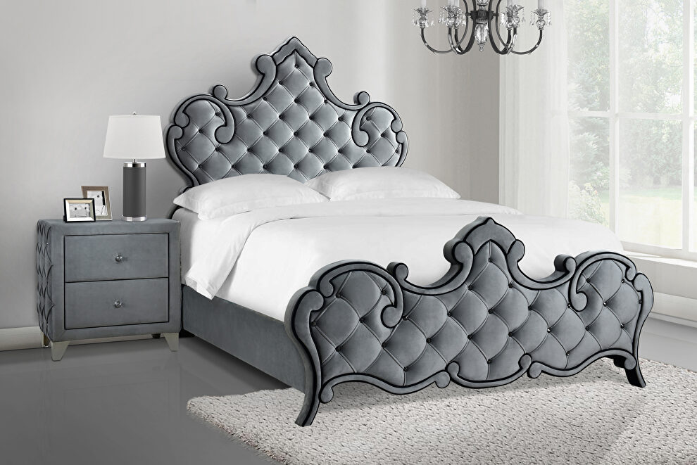E king bed upholstered in a gray velvet by Coaster