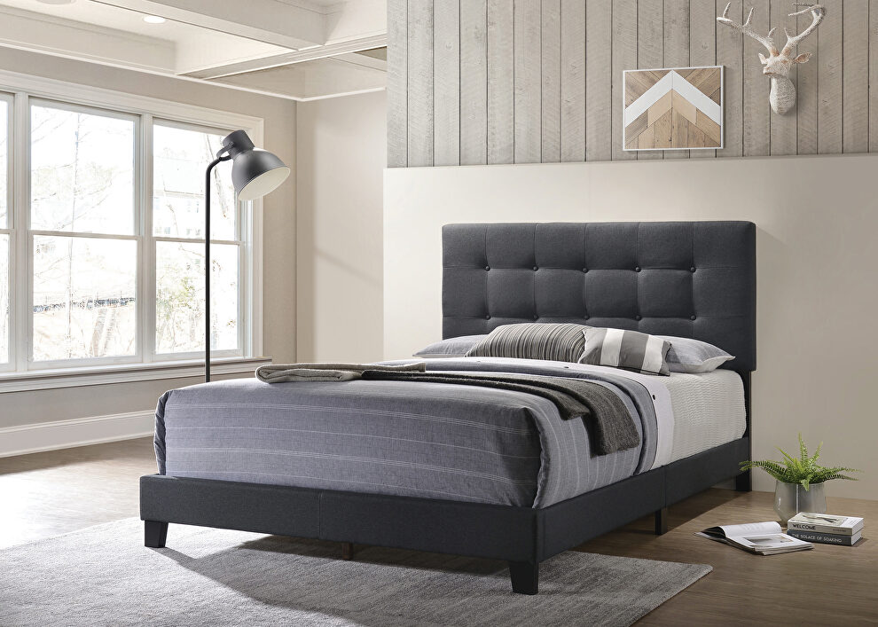 Charcoal fabric e king bed w/ tufted headboard by Coaster