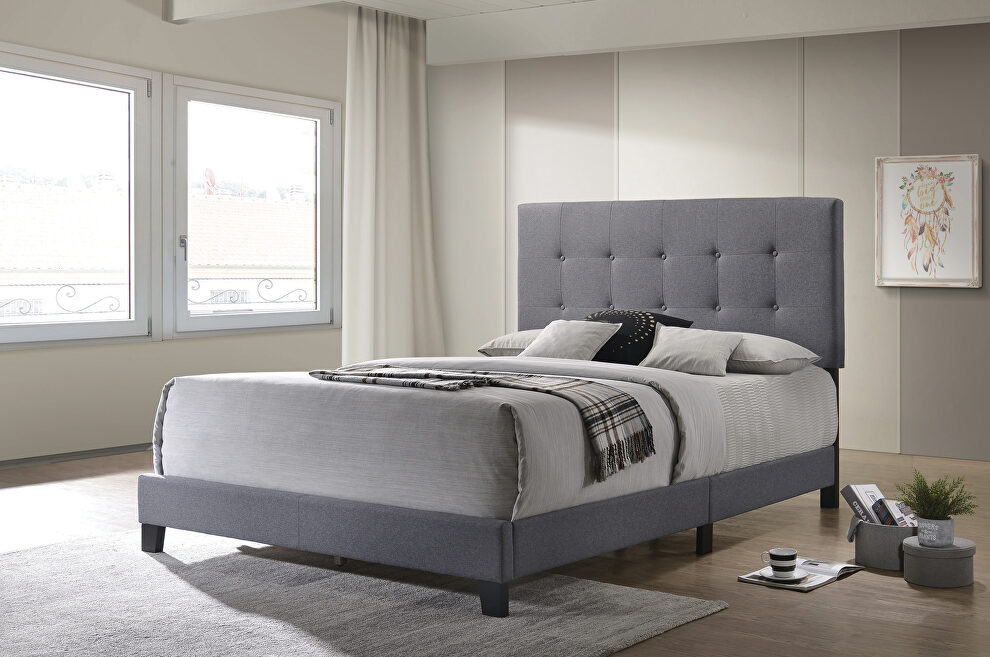 Gray fabric e king bed tufted headboard by Coaster