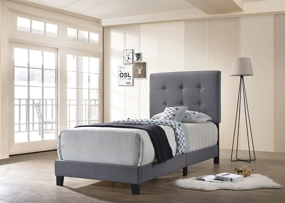 Twin bed upholstered in a gray fabric by Coaster