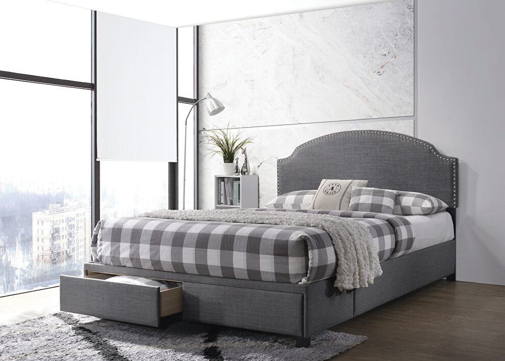 Queen storage bed upholstered in a charcoal fabric by Coaster