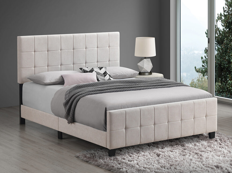 Beige fabric grid tufted headboard queen bed by Coaster