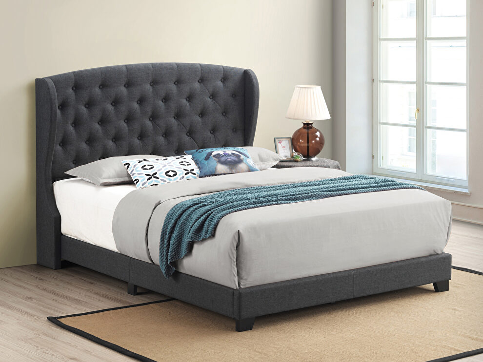 Charcoal fabric queen bed w/ tufted wing back headboard by Coaster