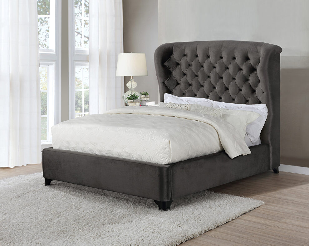 E king bed upholstered in a gray fabric by Coaster