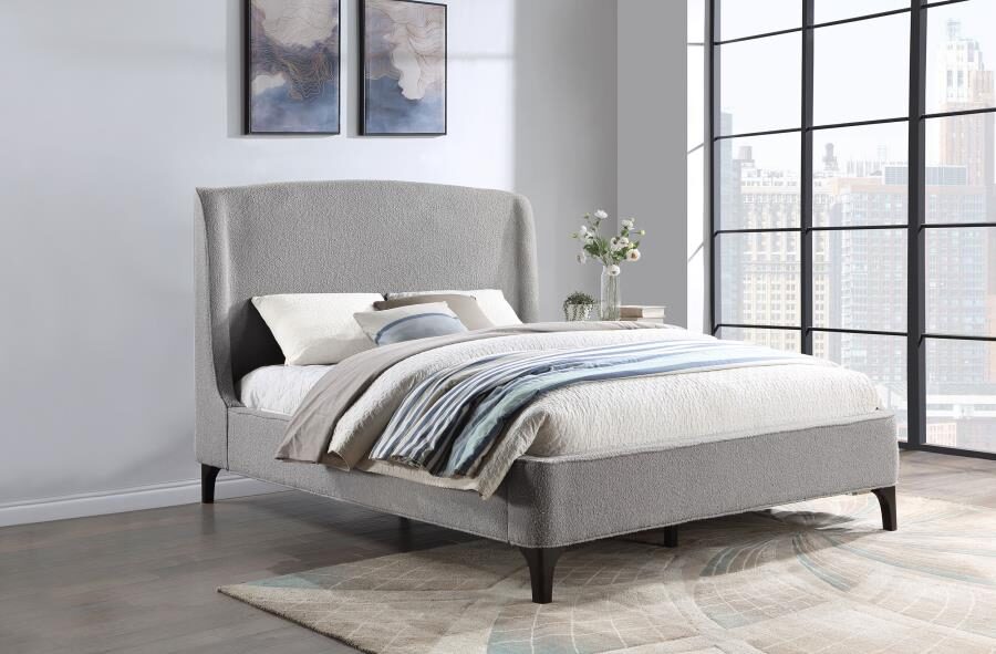 Upholstered curved headboard queen platform bed light grey by Coaster