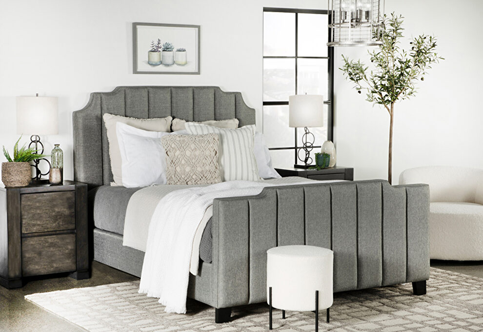 Light gray finish upholstery vertical channeling details queen bed by Coaster