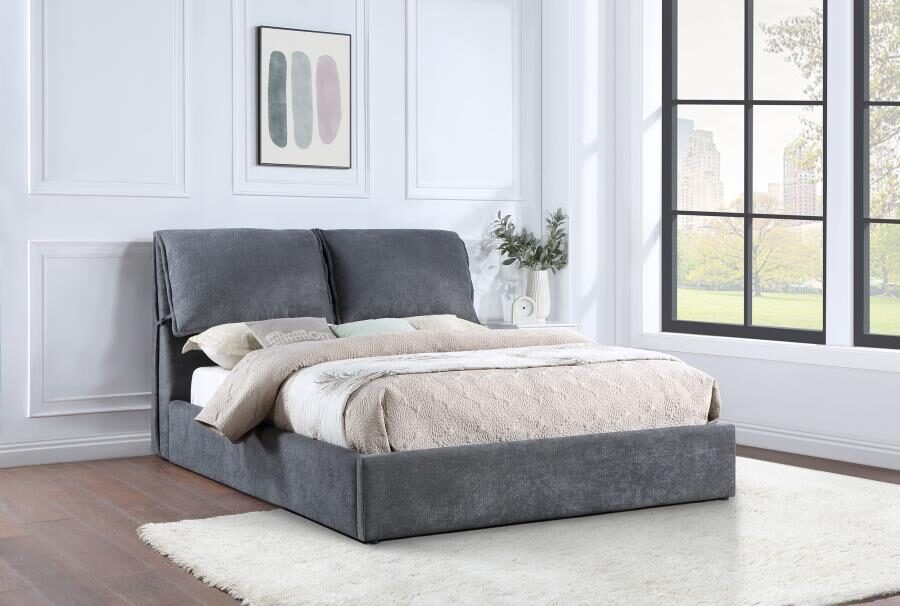 Upholstered queen platform bed with pillow headboard charcoal grey by Coaster