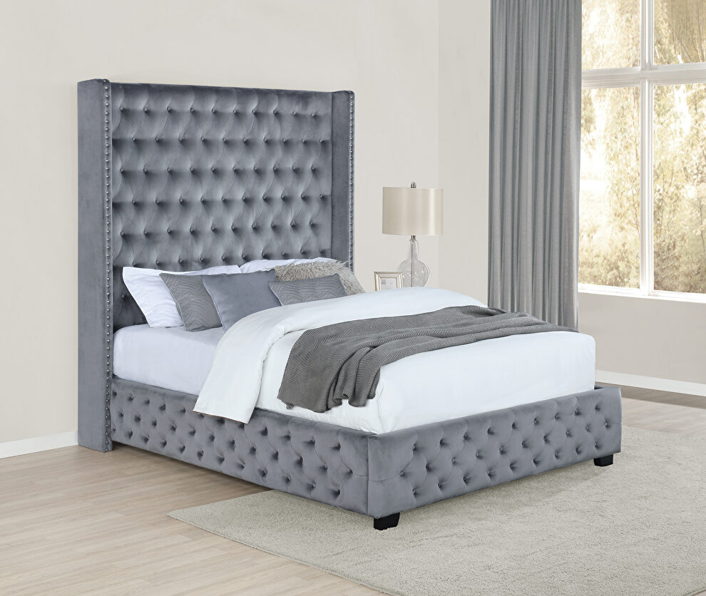 E king bed upholstered in a gray velvet w/ high headboard by Coaster