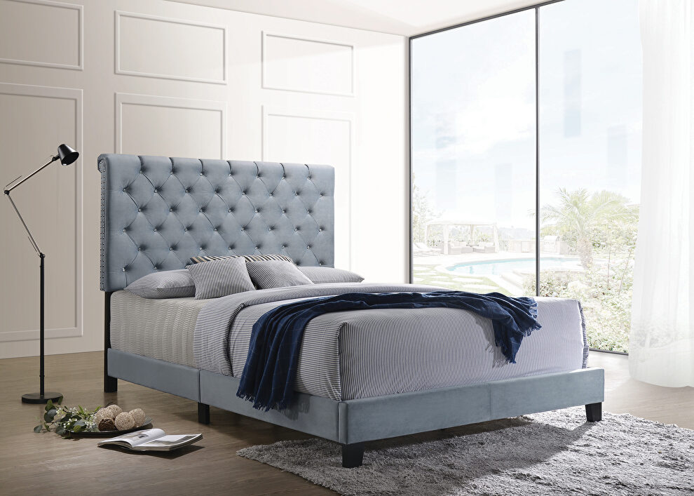 Slate blue velvet queen bed by Coaster