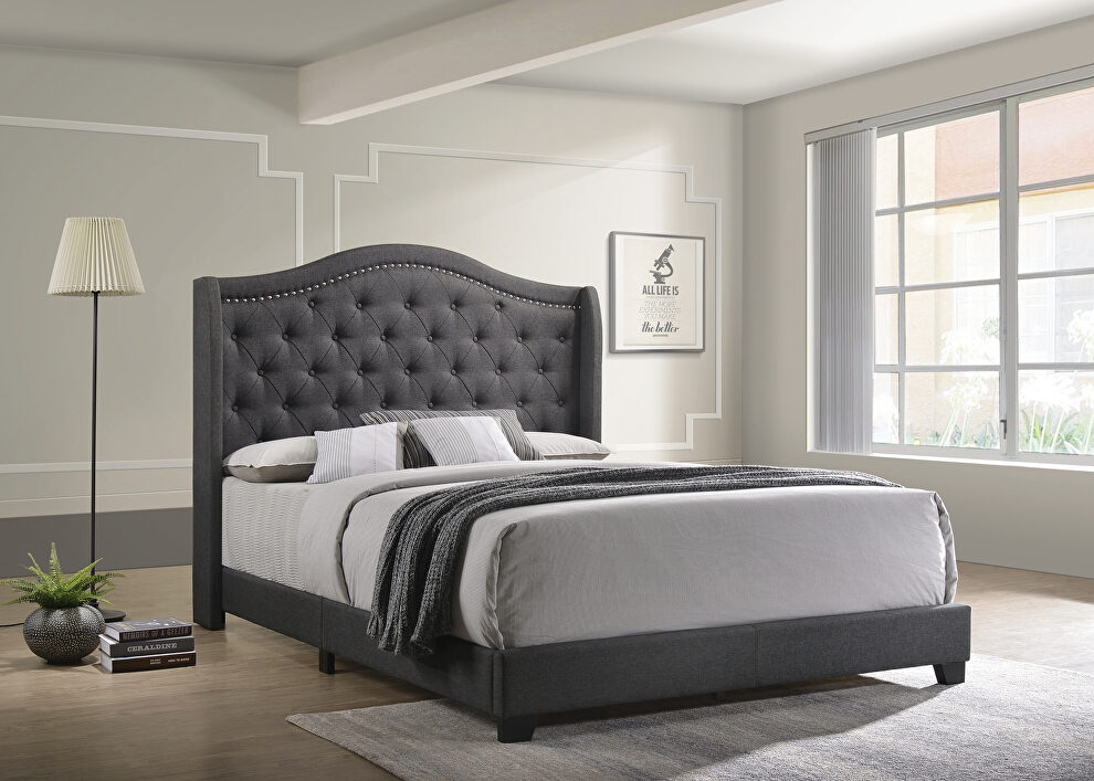 Gray fabric e king bed w slats by Coaster