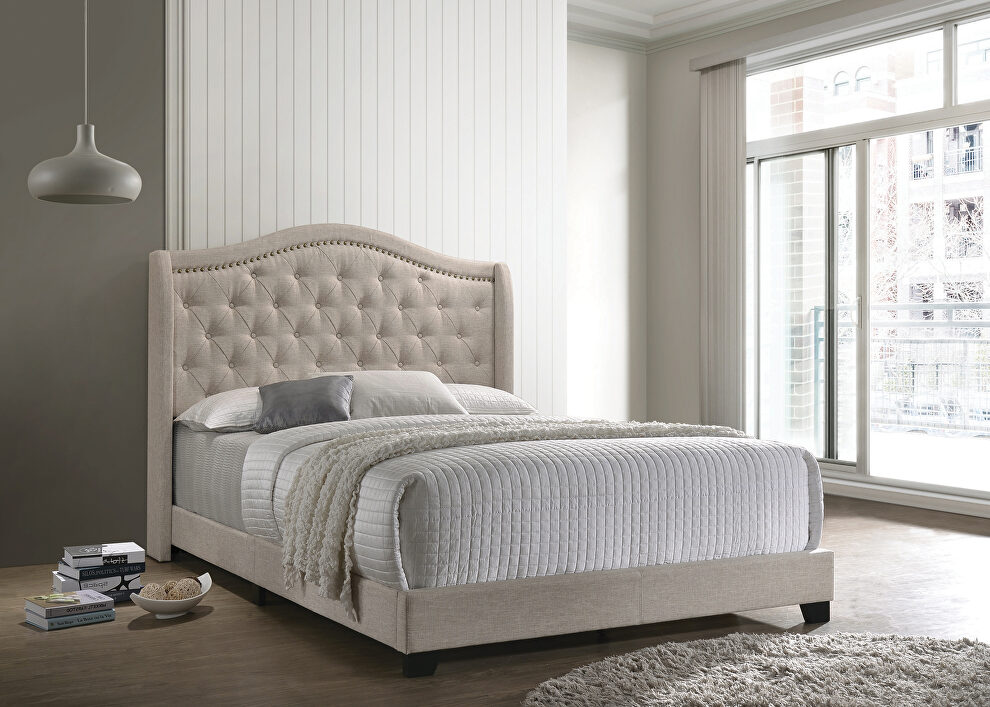 Beige fabric e king bed w slats by Coaster