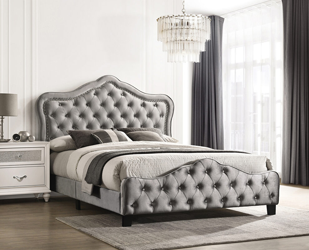 Button tufted luxurious gray velvet e king bed by Coaster