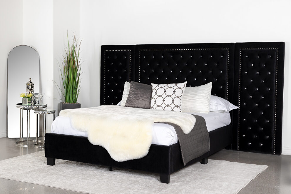 Upholstered tufted platform king bed black w/ optional back panels by Coaster