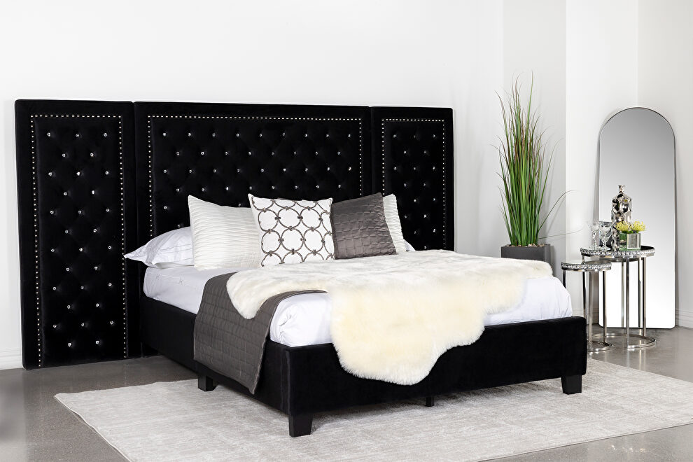 Upholstered tufted platform queen bed black w/ optional back panels by Coaster